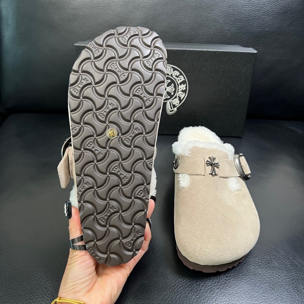 Chrome Hearts Cream Suede Shearling Clogs with Silver Buckle - Picture 9 of 9